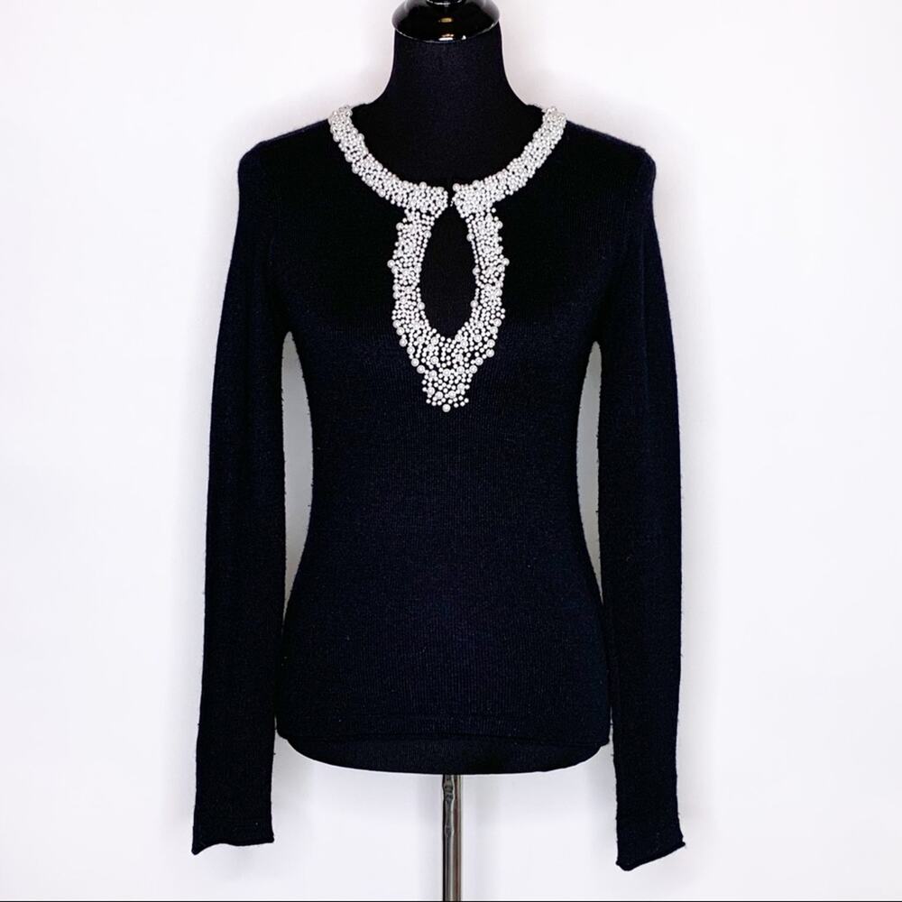Vintage Zoe D black wool alpaca sweater pearl collar trim size Medium